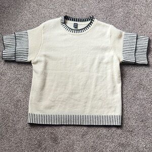 Cream Short-Sleeve Sweater with Black Stripe Trim
